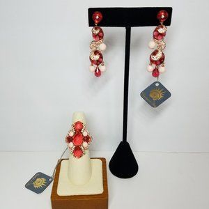 Angelique De Paris Women's Gold Plated Set of Long Red Earrings and Ring Size 6